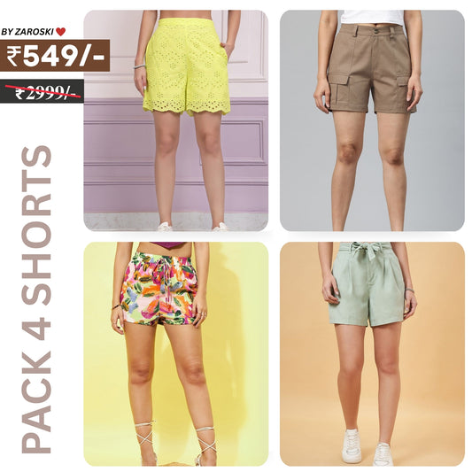 Pack Of 4 | Modern Llifestyles Regular Fit Cotton Shorts for Women | C-099
