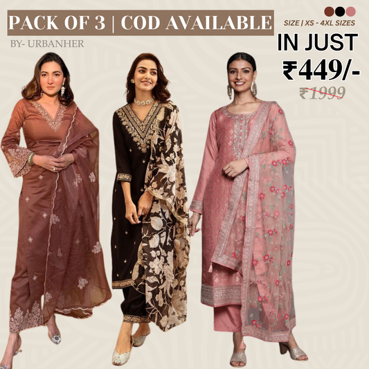 Pack of 3 | Elegant Silk Suit Set for Women | Festive & Party Wear |  SS-05