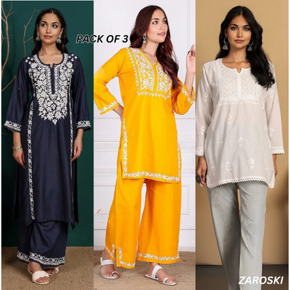 3 Combo Pack | Women Chikankari Work Kurti Set | Full Sleeves - CKW-01